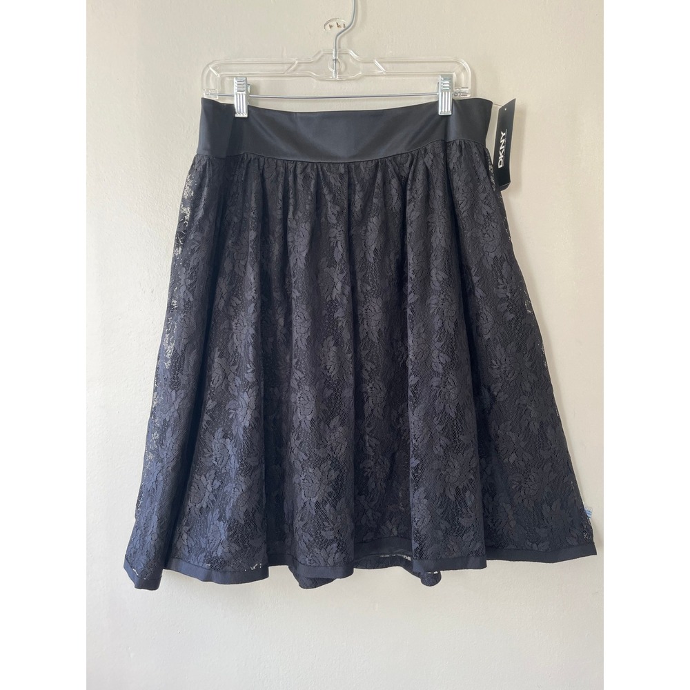 DKNY Sz 10 Black Lace Midi Skirt‎ Satin Waist Zipper Closure